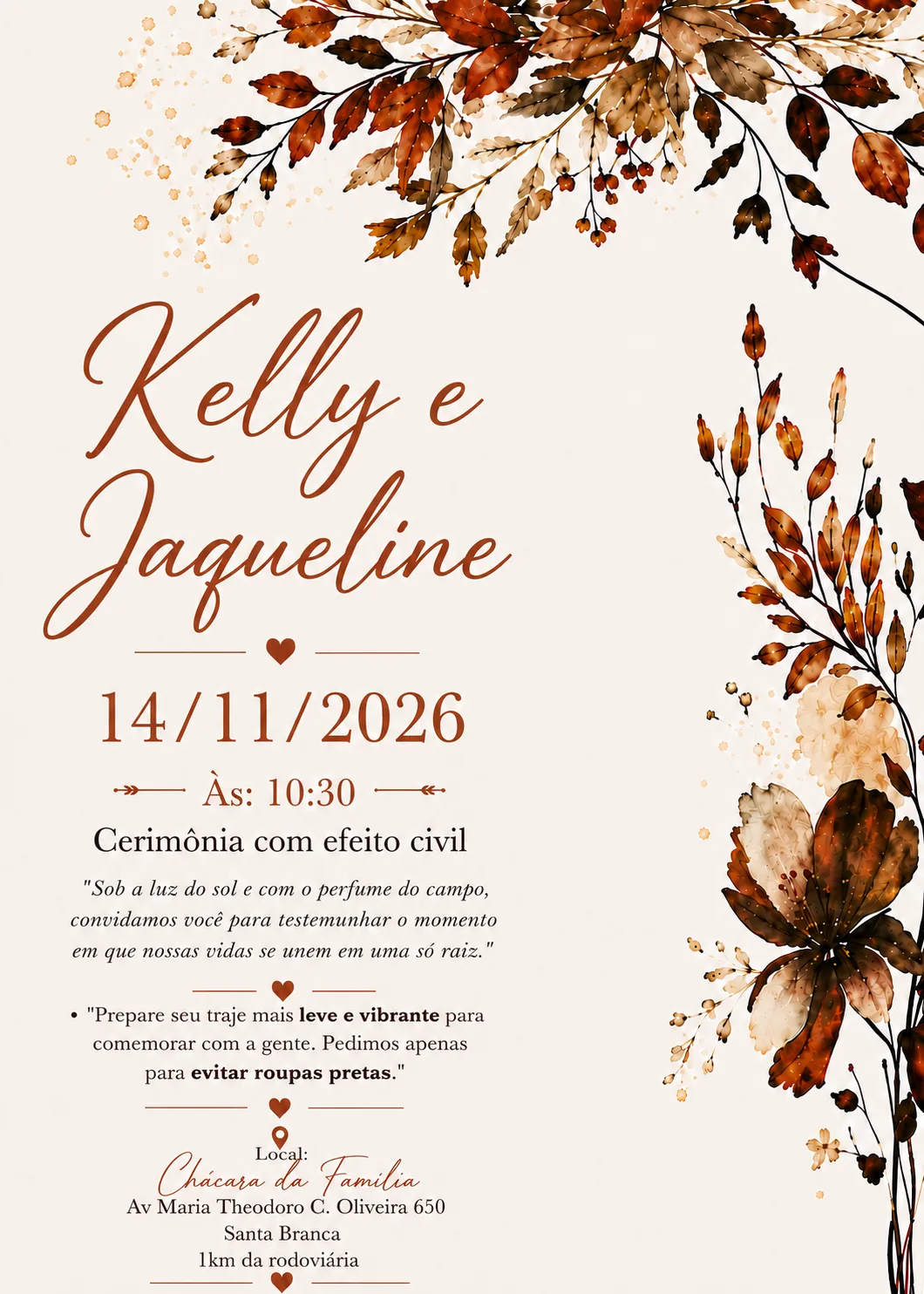 Convite de casamento do casal Kelly e Jaqueline